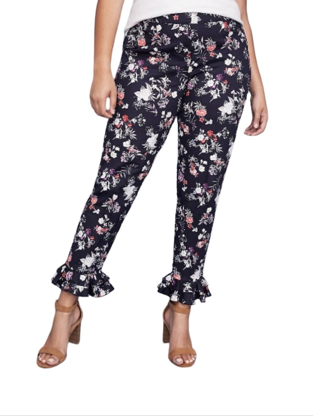 Lane Bryant The Allie Ruffle-Hem Ankle Pants in Black Floral Plus Size 28 New